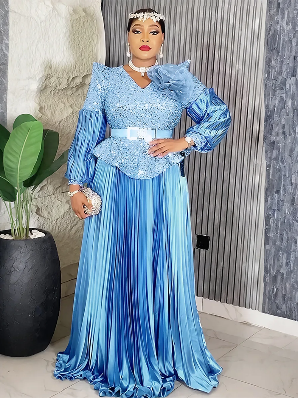 

African Party Dresses For Women Luxury Sequin Long Sleeve Pleated Dress Plus Size Maxi Robe Africa Clothing Lady Birthday Gowns