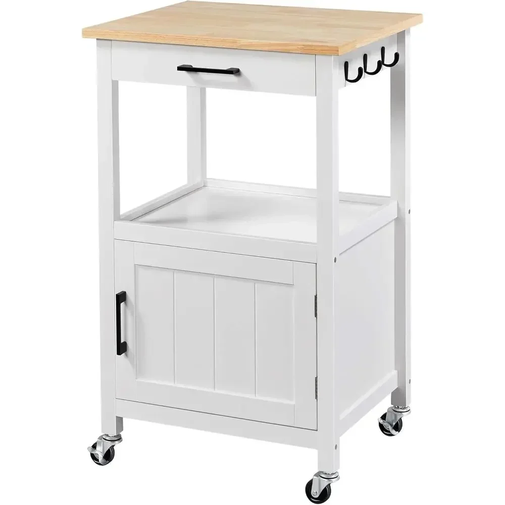 White Rolling Kitchen Island Cart with Storage and 6 Hooks for Kitchen or Dining Area