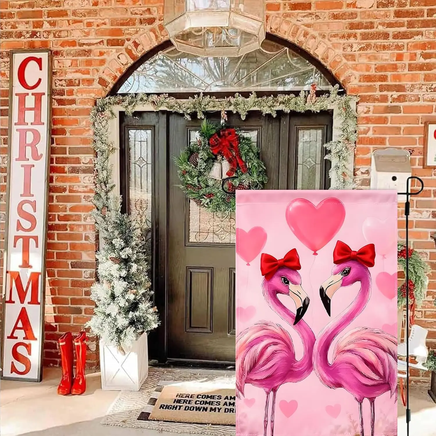 Love Heart Flamingo Garden Flag Cute Flamingo with Red Bow Yard Garden Flag Double Sided 12 x 18 Inch Seasonal Festive Sign  uui