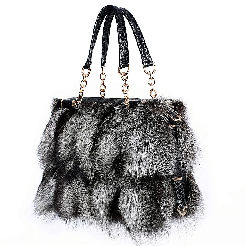 Winter Fox Fur Bag Women\'s Fur Bag Fashion Fur Handbag Ladies Bags Purses Women Shoulder Bag Real Silver Fox Fur Messenger Bags