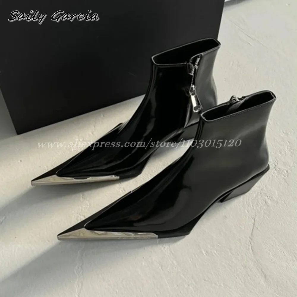 Glossy Punk Style Metal Toe Mid Heel Side Zippper Sexy Chelsea Boots Autumn New All-Match Casual Boots Pointed Toe Women Shoes