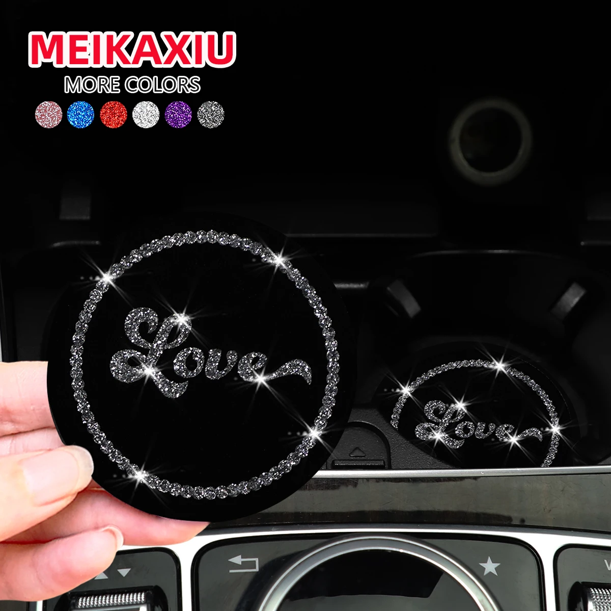 2 LOVE Glitter Blingbling fabric waterproof car coasters pair of decorative non-slip MATS for car interiors all-season