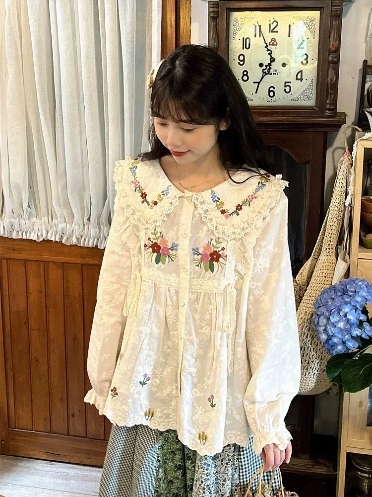 Women Vintage Cottagecore Floral Embroidery Lace Blouse Retro Chic Mori Girl Lolita Sweet Kawaii Cotton Victorian Rococo Shirt