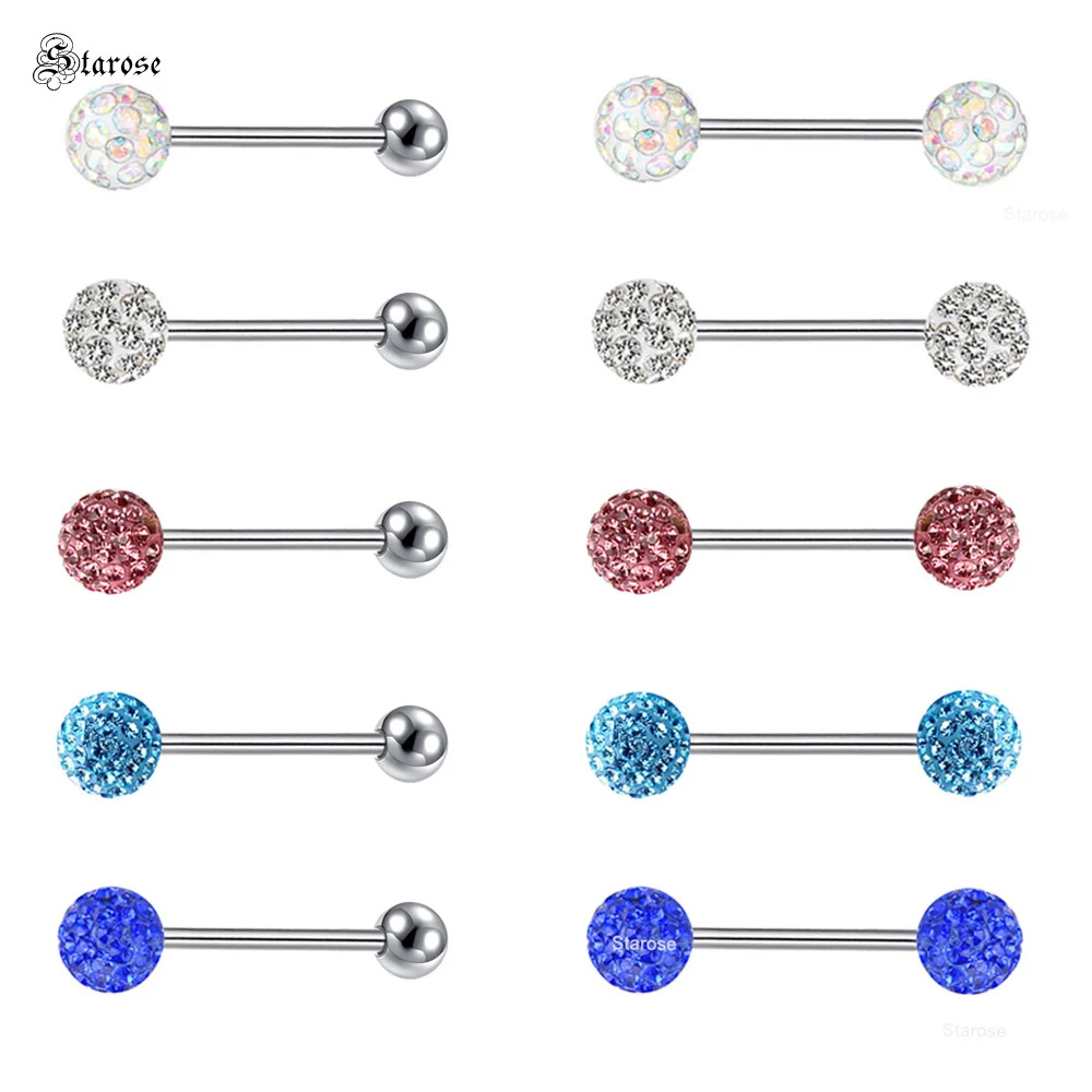 2Pcs 1.6x16mm 14G Barbell Piercing 6mm Crystal Ball Tongue Piercing Nipple Rings Tongue Bar Industrial Piercing Nipple Jewelry