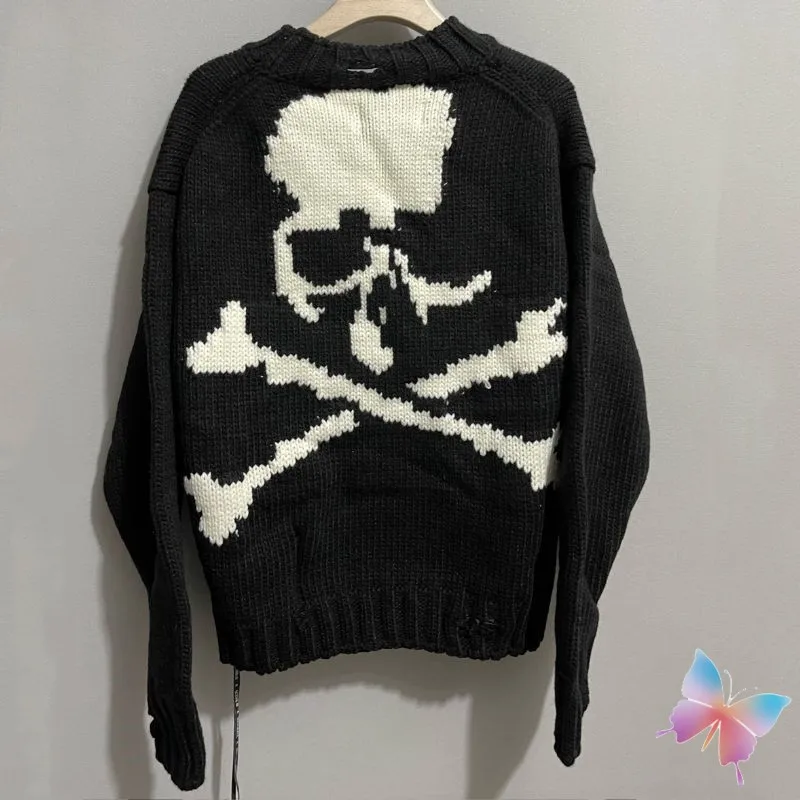 

American High Street Round Neck Knitted Sweatshirts Black Skeleton Bone Printed Ribbon MMJ Sweater Men Women