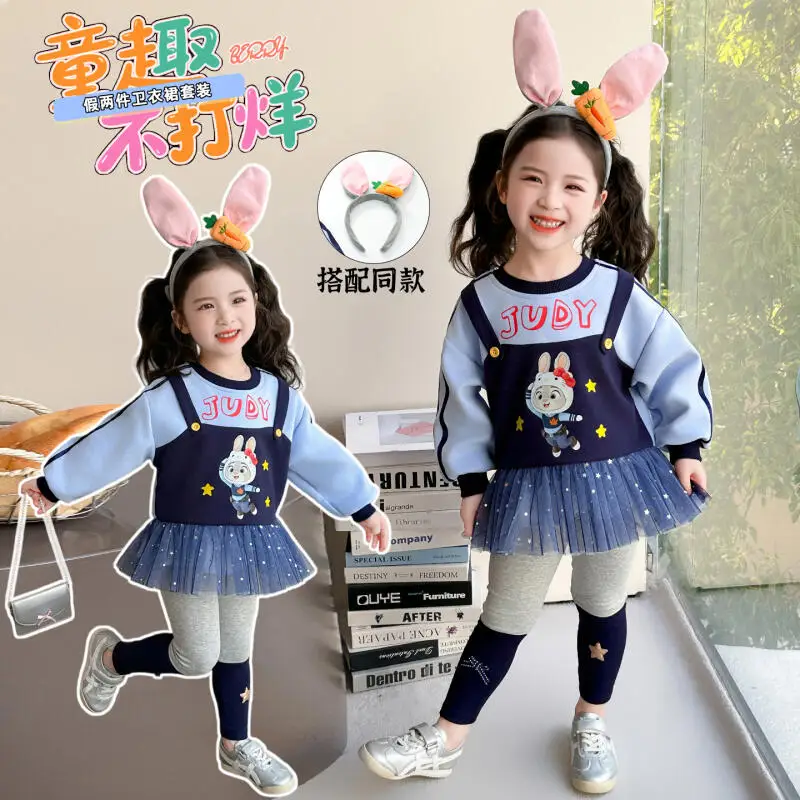 

New Judy Hopps Hoodie Leggings Suit Disney Bunny Cop Girls Leisure Fashionable Cartoon Children Spring Tops Hit Bottom Pants