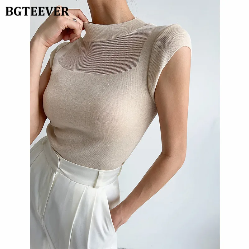 BGTEEVER Elegant Half High Collar Ladies T-shirts Summer Female Skinny Knitted Tops Women Cotton Tees