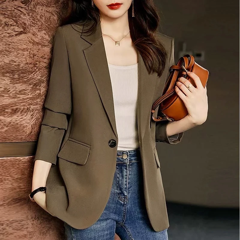 

Women Blazer Korean Casual Solid Long Sleeve Coats All-match Office Lady Elegant Fashion Clothing Spring 2026 Commute Outerwear