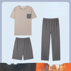 Big Size Pajama Sets Men Summer Sleepwear 3pcs Short Sleeve Tops Shorts Pants Loungewear Casual Loose Nightwear Underwear Sleep