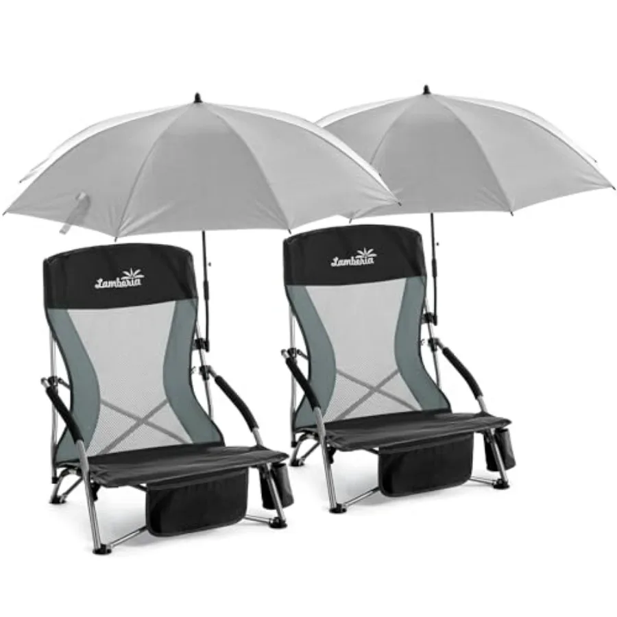 

Folding Beach Chair with Umbrella for Adults, 2 Pack Portable Low Beach Chairs with 300lbs Capacity, Lightweight Foldable Campi