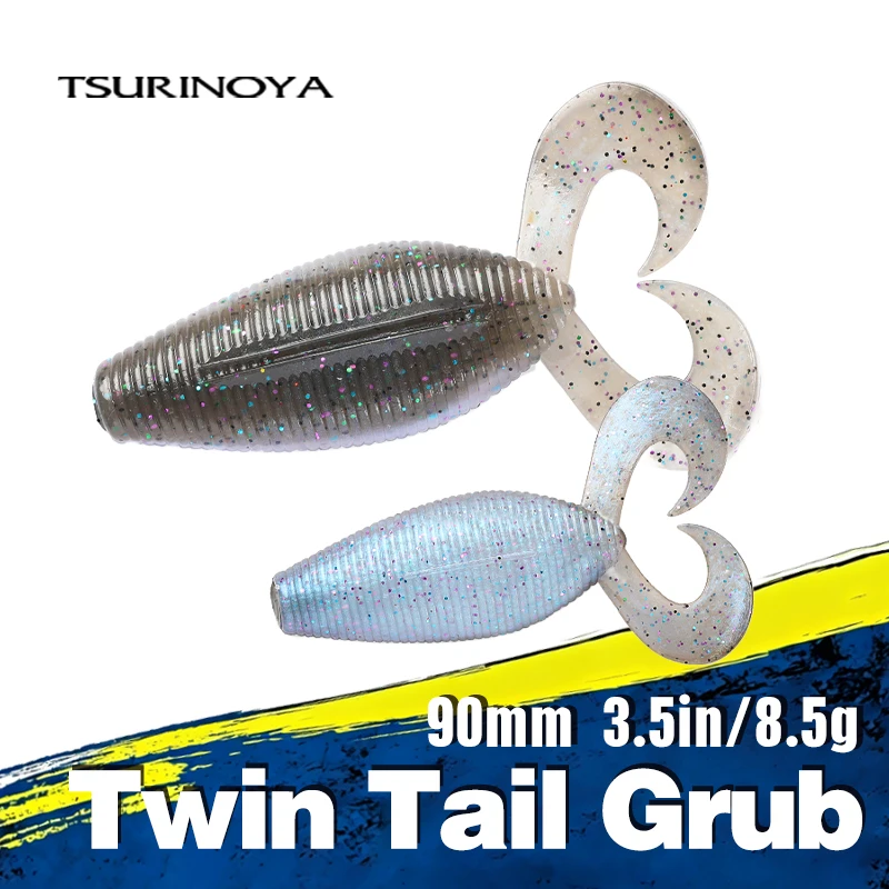 TSURINOYA Twin Tail Soft Worm SPIRON TWIN 3.5in/90mm 8.5g 6pcs Fishing Lure  Salt+Shrimp Artificial Bass Pike Soft Rubber