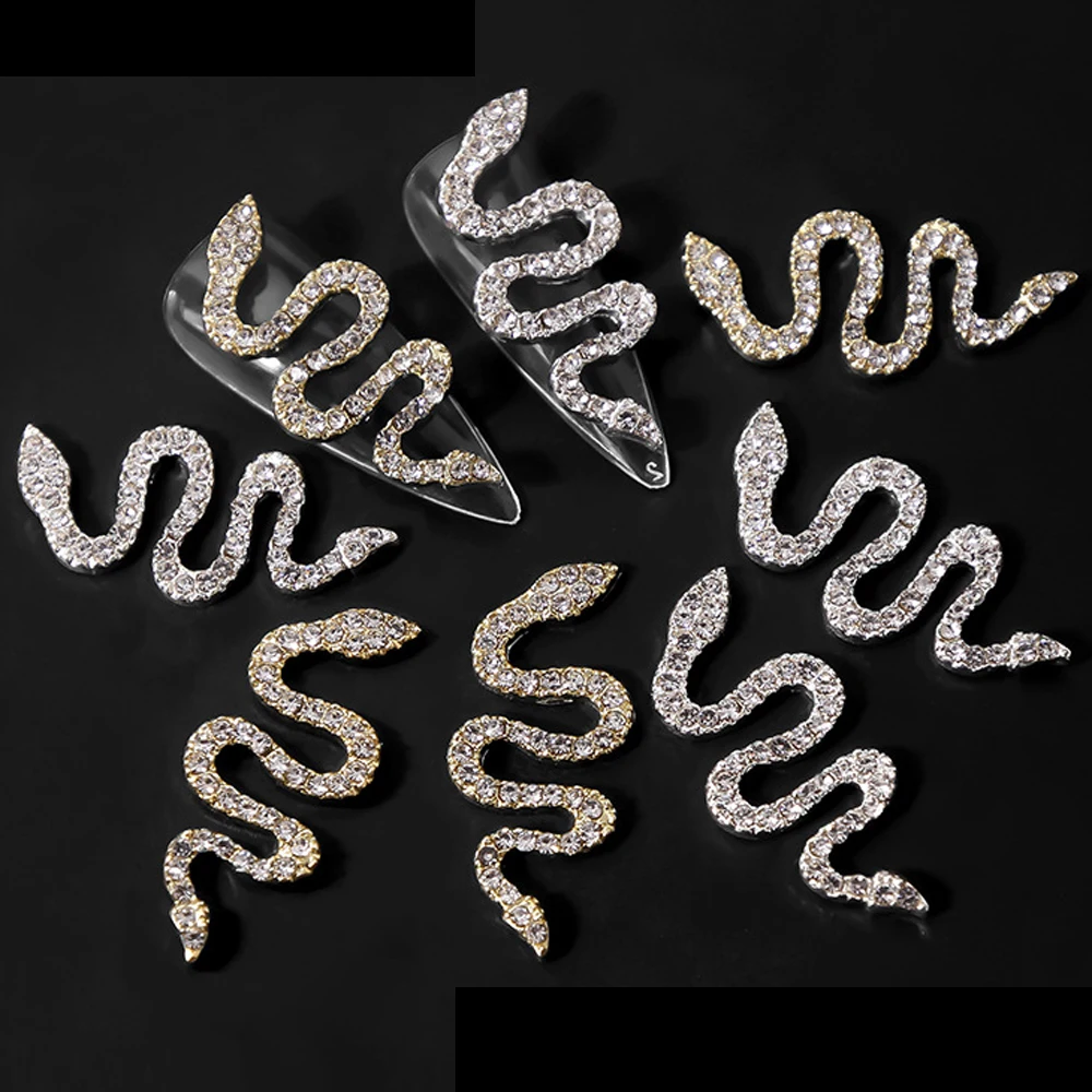 12Grids Silver/Gold Zircon Large Snake Bling Nail Charms 3D Nail Art Decoration Alloy Nail Charms Jewelry for Nail Luxury Nails