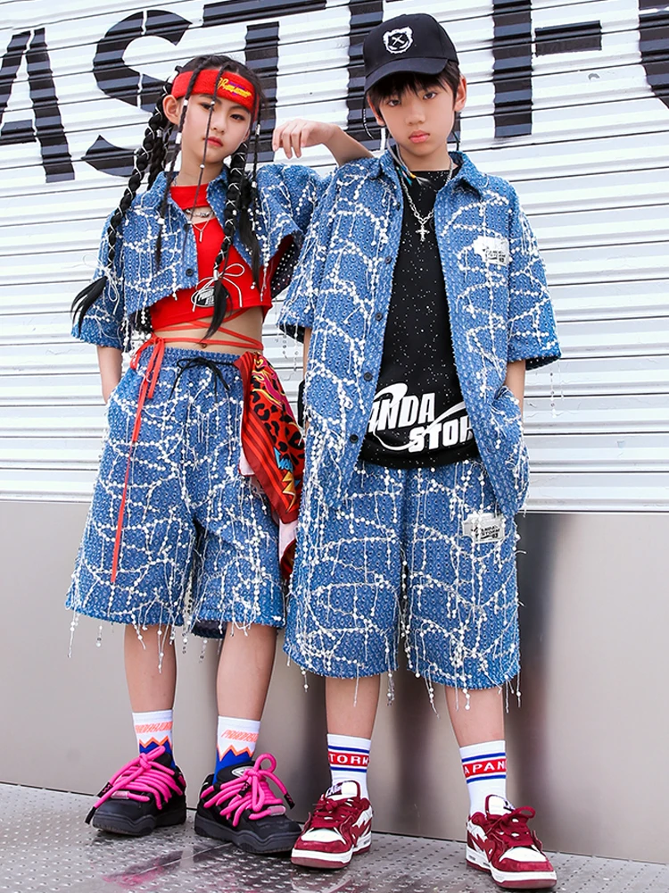 

2023 Sequin Denim Hip Hop Suit For Girls Boys Jazz Dance Costume Short Sleeves Tops Fashion Children Clothes Stage Wear BL10448