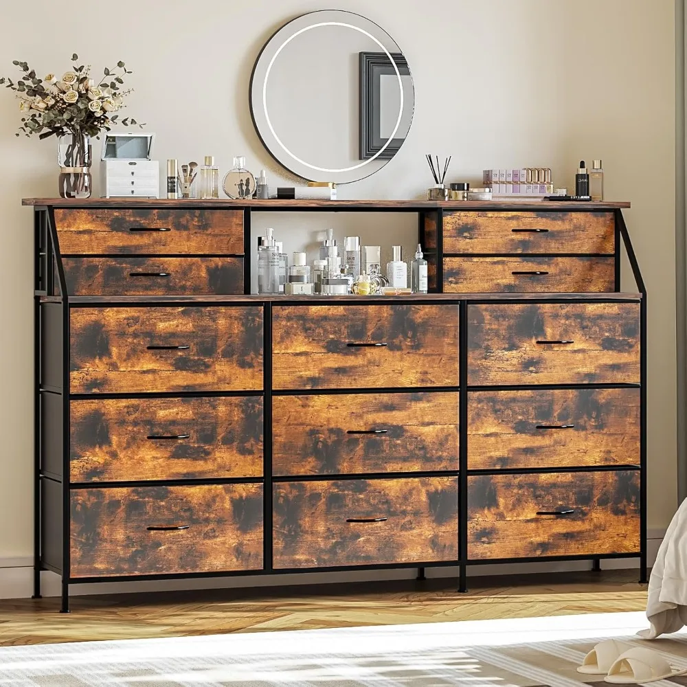 

72"Long Dresser for Bedroom,13 Large Fabric Drawers,Wide Chest of Drawers with Two Open Shelves,Large TV Stand for 70-80 Inch TV