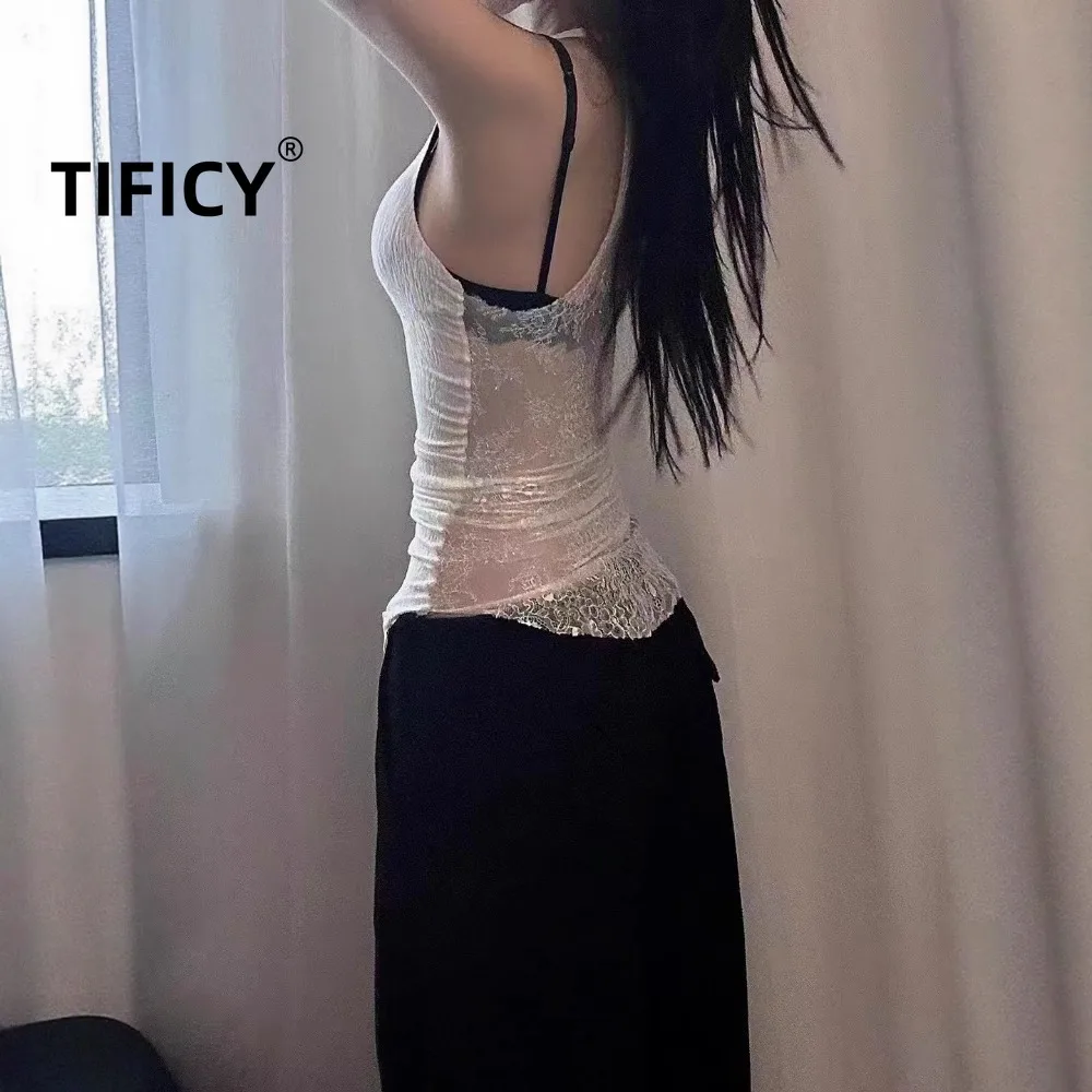 

High Streetwear Tanks Tops Women's Splicing Full Back Lace Sexy Slim Fit Vest with Female Lettering Inside Tanks Top