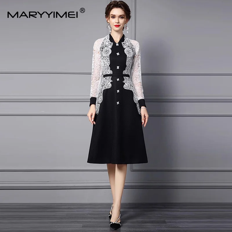 

MARYYIMEI Elegant Commuter Women Dress V-Neck Lace Hollow Out Fashion Long-Sleeved Button A Line Dresses With Belt