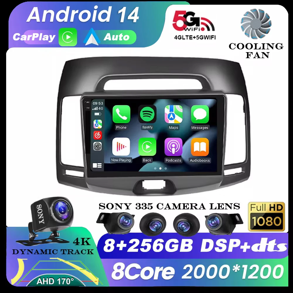 

9" Android 14 WIFI+4G BT Carplay Car Radio Multimedia Video Player Navigation GPS For Hyundai Elantra 4 2006-2011 Head Unit QLED