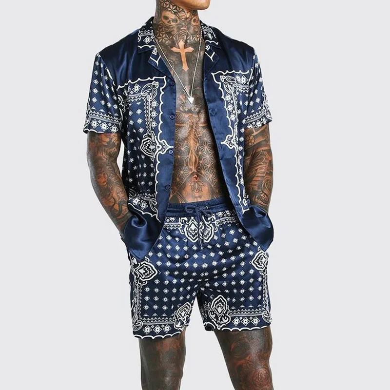 men's summer fast dry short sleeve plus size floral printed casual designer clothing he-man 2pcs set shirt and shorts for men