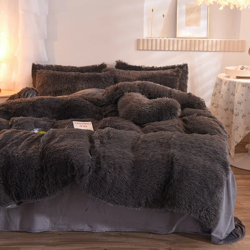 

Mink velvet long-haired four-piece double-sided velvet quilt cover solid color thick sheets