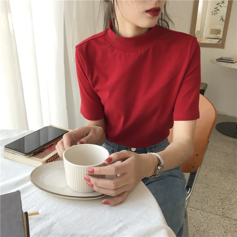 Slim Fit Short Sleeve T-Shirt Women's Top Half High Collar  Color Versatile New Trend INS Base Shirt Outerwear Harajuku ...