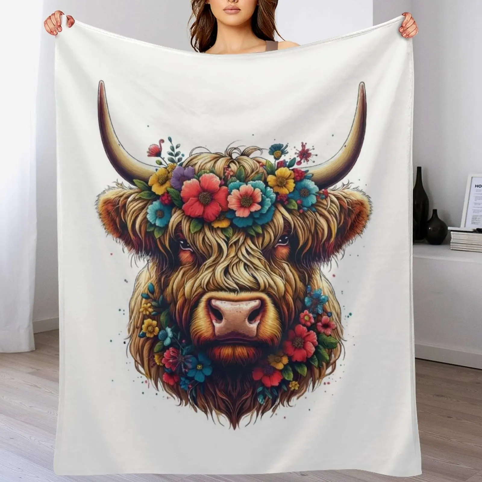 

Scottish Highland Cow Cattle Farm Hairy Cowgirl Flower Throw Blanket Beach Soft Plaid Hair Blankets