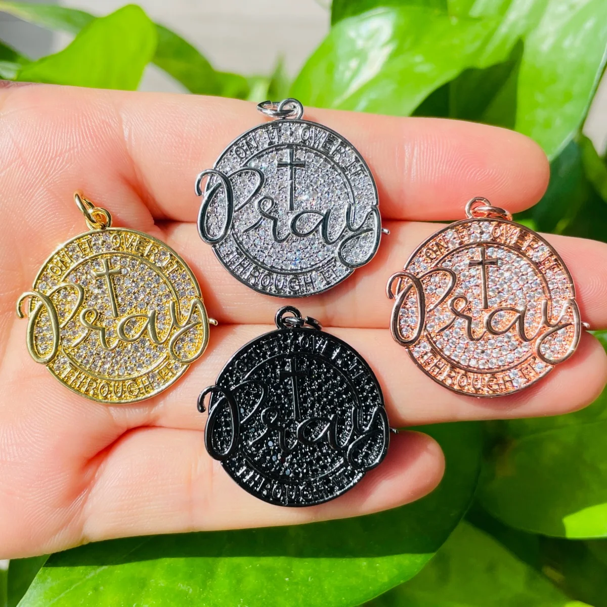 5pcs Zirconia Paved PRAY ON IT OVER IT THROUGH IT Quote Charms Pendants Women Bracelet Men Necklace Jewelry DIY Accessory Supply