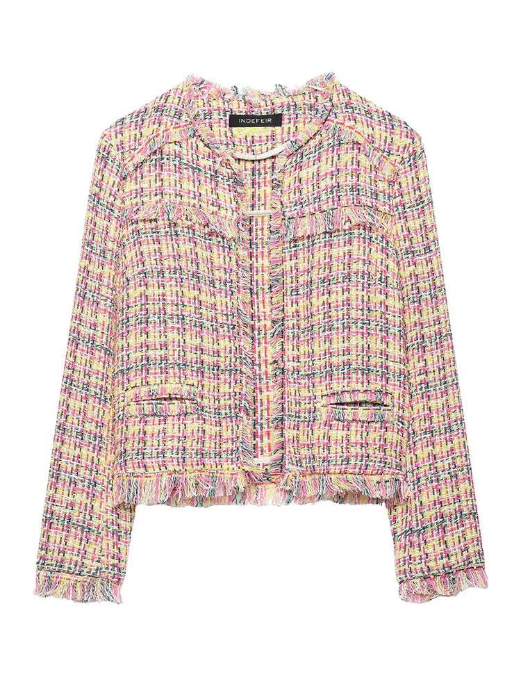 HH Women Spring Autumn Casual Colorful Tweed Jacket Fringed Trim Crew Neck Open Front Cropped Long Sleeve For Work Office Wear