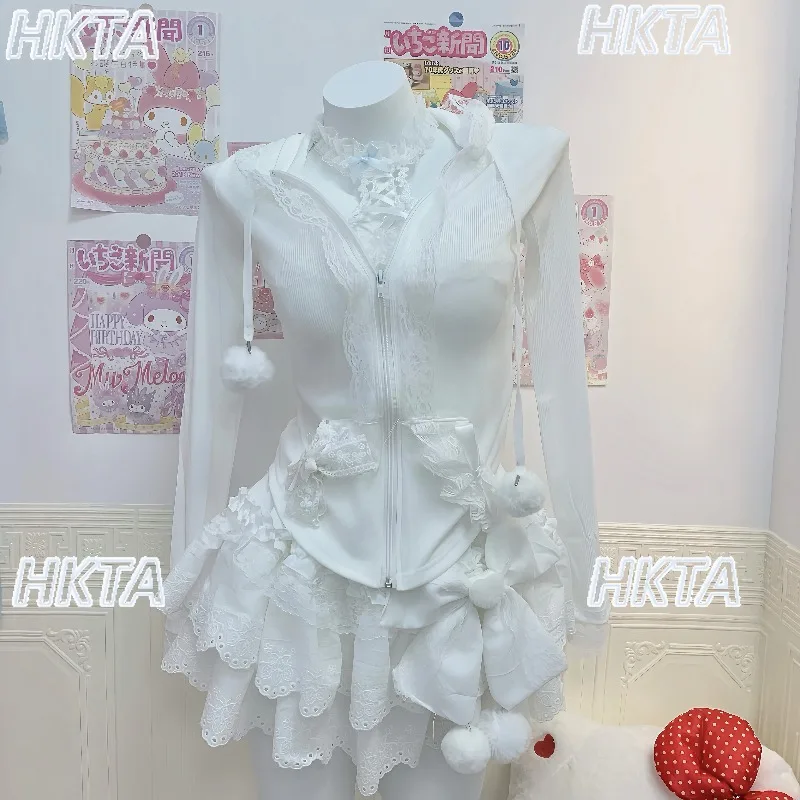

Japanese Style Sweet Cute Lace vest Splicing Hairball Cake Bow Skirt Female Slim Sling Long Sleeve White Jackets Tops Women Sets