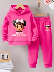 2sets Fashion exquisite girls casual Autumn/Winter pattern printed with fleece warm lining hoodie and tracksuit pants