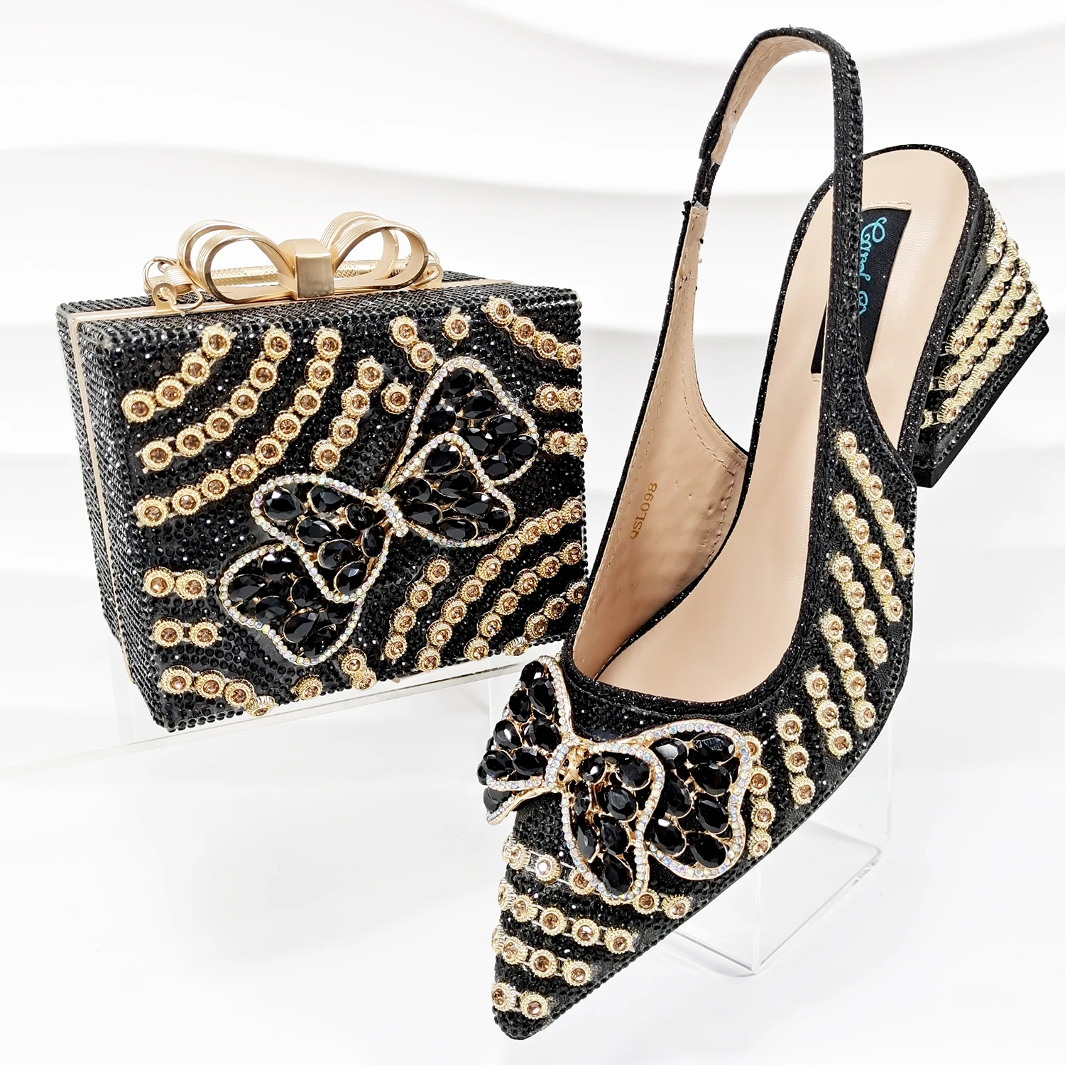 New Nigerian Style Women Block Heels Shoes With Matching Chic Gift-Box Clutch Bag Set Wedding Party Women Shoes