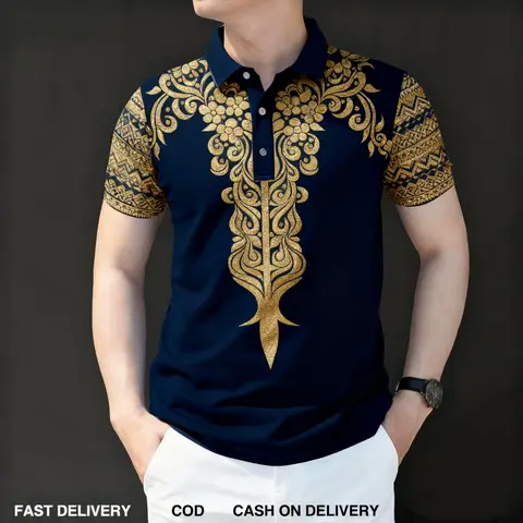 Luxury Ethnic 3D Sublimation Polo Shirt Classic Polo Collar Short Sleeve with Golden Floral Scroll & Geometric Totem Pattern
