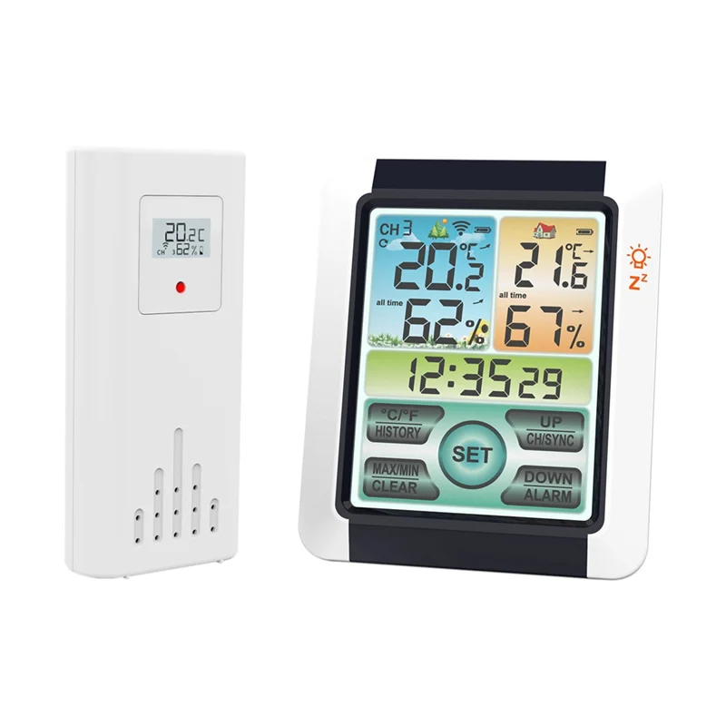 Wireless Temperature Humidity Sensor LCD Digital Screen Temperature Sensor with Clock Function for Home Indoor Outdoor