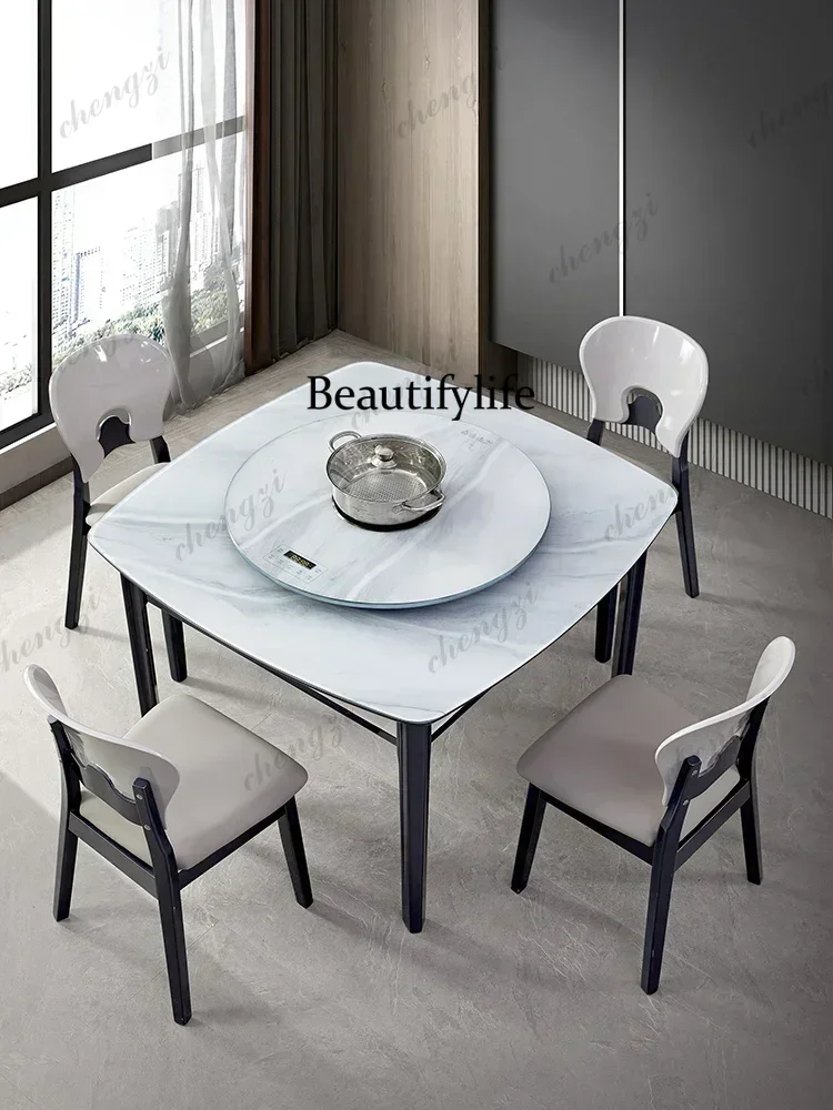 Mahjong Machine Dining Table Dual-Purpose in One Household Induction Cooker Electric Motor Hemp Solid Wood Magic Color Stone