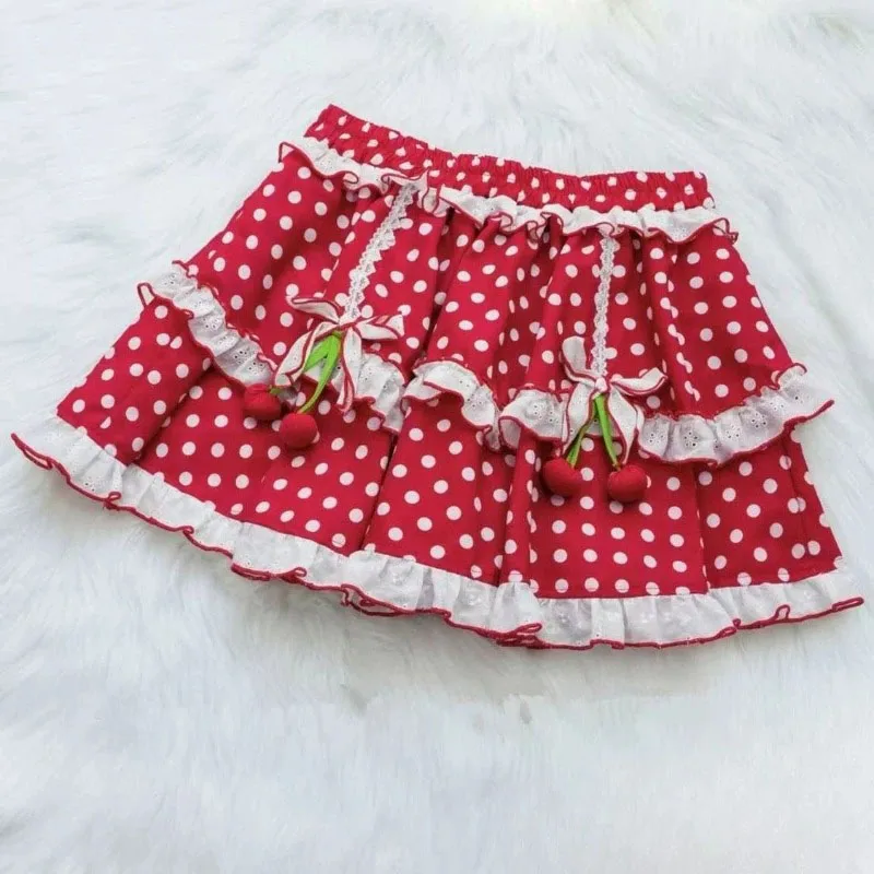

Polka Dot Print Sweet Bow Women Mini Skirts Y2k Aesthetic Lace Patchwork A-line Ruffled Skirt Elastic Waist ​grunge Fairy Faldas