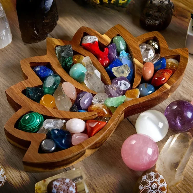 Wooden Crafts Crystal Display Holder Tray Lotus Shaped Jewelry Plate Healing Stones Gemstones Organizer Stand Home Decoration