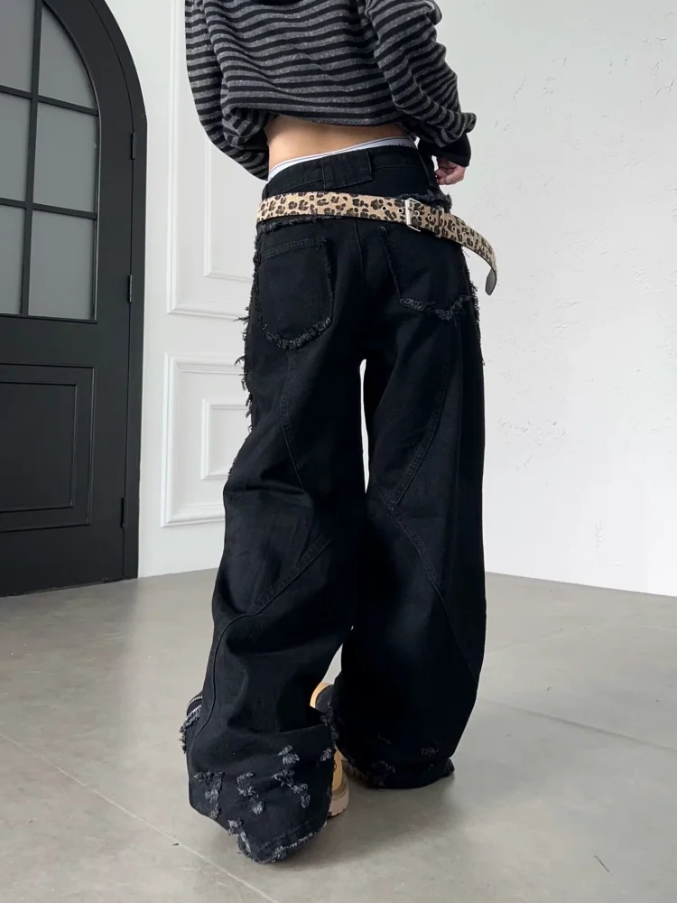 2026 Cyber Y2K Streetwear Zipper Design Black Baggy Women's Stacked Jeans Pants For Woman Clothing Wide Leg Gothic Long Trousers