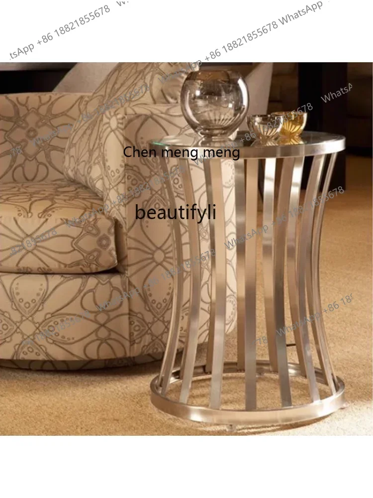 

ss7486 Model Room Simple Modern Stainless Steel Personalized Side Table Silver Small Waist Glass Corner Table Sofa round Side T