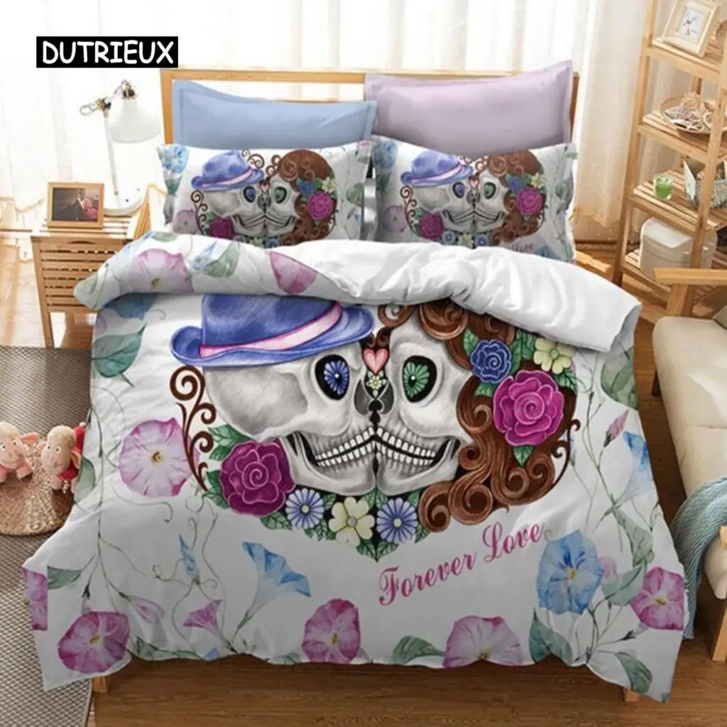 

2/3pcs Cartoon Skull Bedding Set Flower Skull Couple Wedding Duvet Cover Pillowcase Single/Double/Queen/King Duvet Cover Set