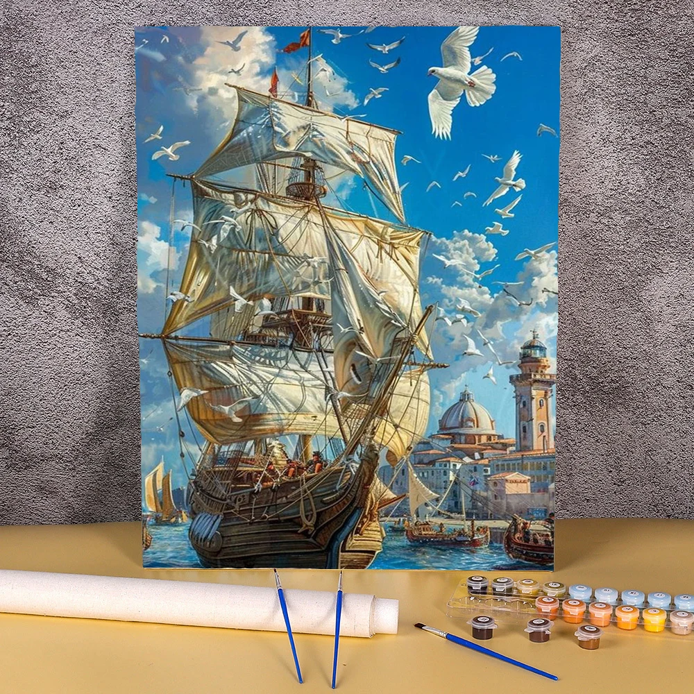 

Diy Oil Painting By Numbers Coloring For Adults Sailing Boat Landscape Crafts Markers Handicraft Digital Wall Art Paint Picture