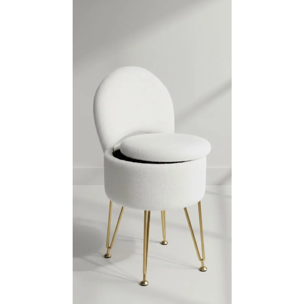 مقعد من الفرو الصناعي مع مساحة تخزين ومسند ظهر قابل للطي، كرسي عثماني 15.7 × 15.7 × 19.5 لغرفة نوم المكياج، أبيض #1