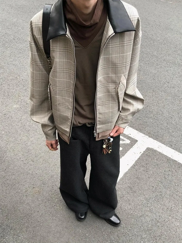 

Cleanfit Harrington Jaet Men's Spring Autumn American Splicing Plaid Outer Design Sense Leather Collar Top Casual Sle