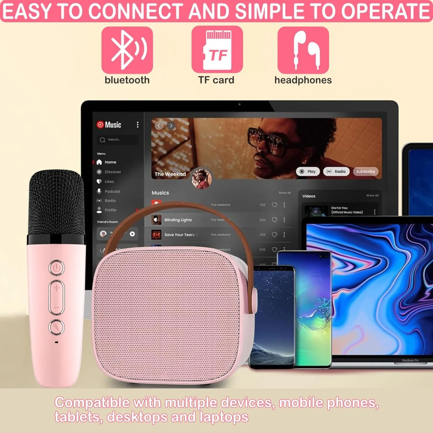 Mini-karaokemachine, Bluetooth-luidspreker met 2 draadloze microfoons en LED-verlichting, kerstverjaardagscadeaus voor meisjes, jongens, volwassenen