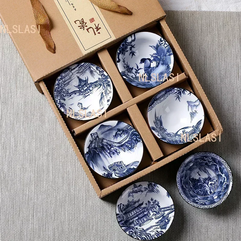 6PCS Chinese Household Teaware Blue and White Porcelain Tea Set Tea Cup Puer Black Tea Tieguanyin Ceramic Cups Underglaze Color