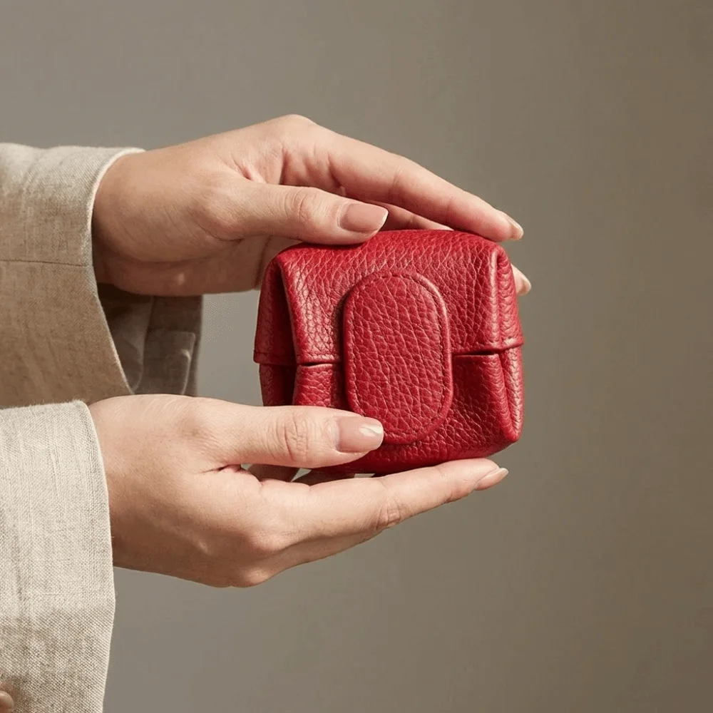 

Soft Lychee Pattern Coin Purse Multifunctional Snap Button Mini Cowhide Wallet Square Solid Color Earphone Storage Bag