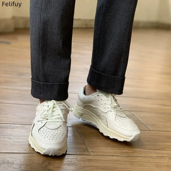 Round-toe Lace-up Casual White Thick-soled Men’s Casual Shoes Genuine Leather New Comfortable Breathable Fashion Sneakers Men view 6