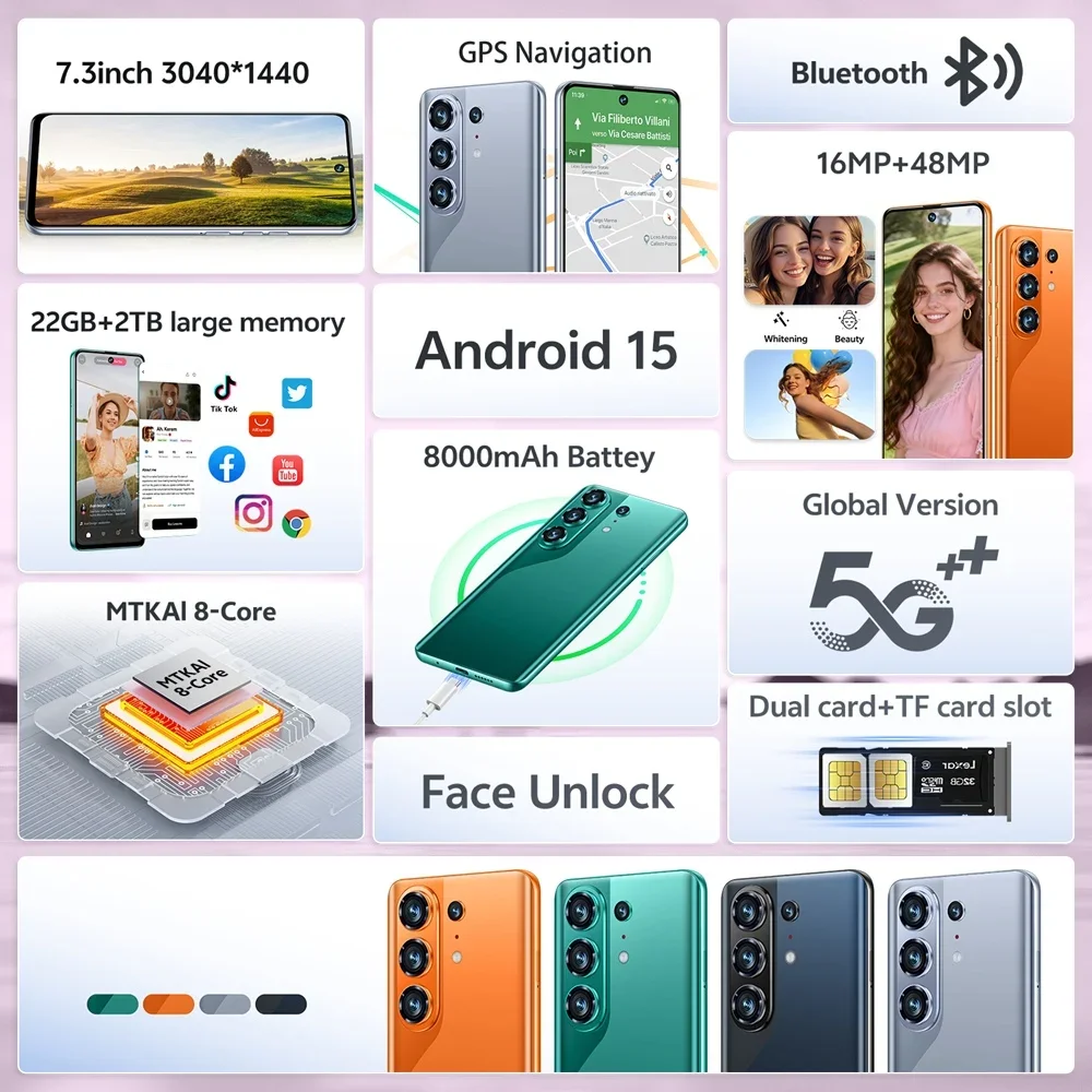 K-Touch 26 Ultra Android 15 Cell Phone 22GB+2TB Smartphone 7.3inch Mobile Phones 5G Dual SIM Card 8000mAh 16MP+48MP Camera Cellphones