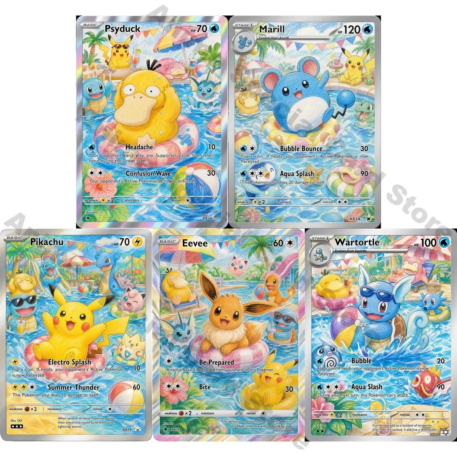5Pcs PTCG Cards PTCG Colored Pencil Style Custom Psyduck Marill Eevee Squirtle Collection Cards Rare Cards Set PTCG Gift