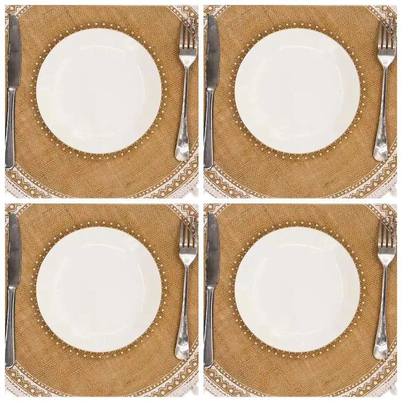 4pack X((Round Placemats Set of 4,Boho Woven Table Mats with Pompom Tassel for Dining Room Kitchen Table Decor(White Ball))