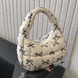 Mini Cloud Pleated Bags for Women Casual Quilted Handbag Korean Bow Printed Padded Handle Bags Soft Puffy Bag Fashion Puffer