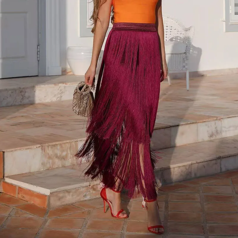 

Autumn Elegant High Waist Midi Length Skirts Women's Fashion Tassel Solid Color Long Skirts Sprint Casual Loose A-Line Skirts